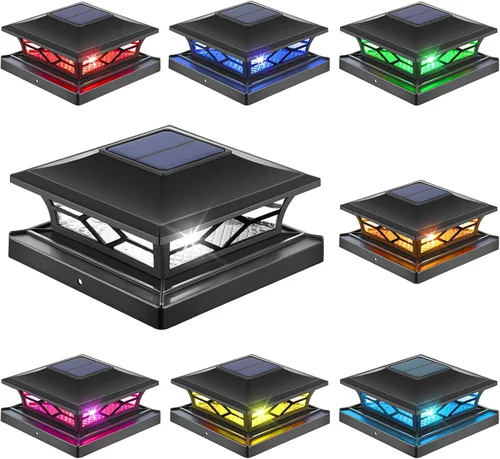 APONUO Luces solares para tapa de poste con 8 colores RGB y flujo multicolor, lente transparente ultra brillante, impermeable IP65 para postes de