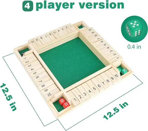 Miniatura 2 de Win Sports - Juego de dados “Shut the Box” (cierra la caja) para 4 jugadores con 10 números, tablero en madera de 4 lados para juego de mesa