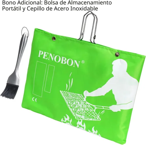 Miniatura 6 de Cesta para asar pescado, plegable, portátil, de acero inoxidable, para pescado, verduras, camarones con mango extraíble, viene con cepillo