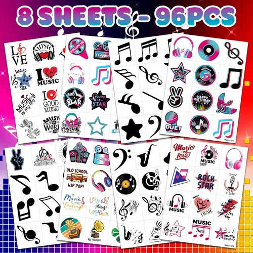 Miniatura 3 de (96 piezas) Notas musicales motivacionales musicales precortadas tatuajes temporales para niños, suministros de fiesta temática de cumpleaños, Normal