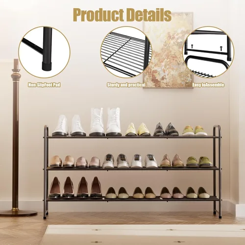 Miniatura 4 de Zapatero de metal largo de 3 niveles, estante organizador de zapatos apilable ajustable de gran capacidad para entrada de armario, bronce 42