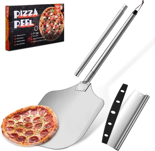 Miniatura 8 de Joyfair - Espátula de aluminio para pizzas (12 pulgadas), pala de pizza de metal con mango largo y cortador, juego de herramientas de torneado