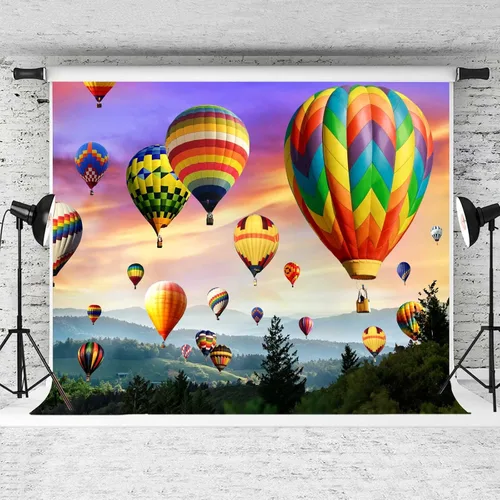 Miniatura 3 de Telón de fondo de globo aerostático, vinilo de 10 x 7 pies, colorido cielo arco iris, montañas románticas, fondo de fotografía, decoración de fiesta