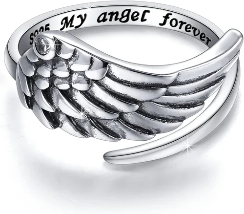 Ladytree Alas de ángel de la guarda de plumas de plata de ley conmemorativa ajustables para el pulgar abierto, joyería para mujeres y hombres,