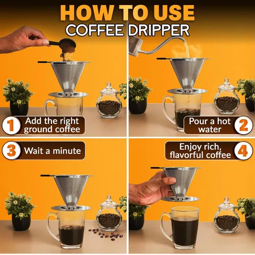 Miniatura 7 de Gotero para verter sobre café, cafetera de acero inoxidable de 3.18 x 4.48 pulgadas con mango de plástico grande, base ancha y segura y un cepillo
