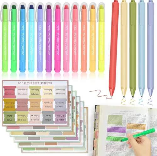 DazSpirit 12 resaltadores de gel bíblico brillantes que no se corren y 5 bolígrafos con 90 pestañas laminadas de la Biblia, kit de diario bíblico
