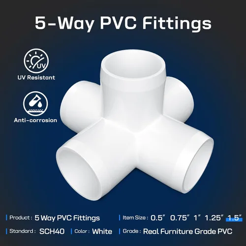 Miniatura 2 de Codo de PVC de 5 vías de 1-1/2" (paquete de 4), resistente a los rayos UV, se adapta a tubos de PVC Sch 40 de 1-1/2