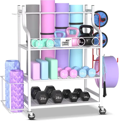 Miniatura 10 de Mythinglogic Estante de almacenamiento para esterilla de yoga, estante de almacenamiento de gimnasio en casa para mancuernas, rodillo de espuma