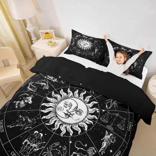 Miniatura 24 de Erosebridal Juego de ropa de cama bohemio con sol y luna, funda de edredón hippie de 3 piezas, colorida funda de edredón teñida anudada, funda