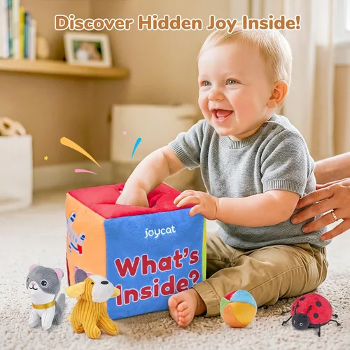 Miniatura 12 de JoyCat Juguetes para bebés de 6 a 12 meses - Caja misteriosa de tela suave con 10 objetos sensoriales, sonajero, papel arrugado, espejo - ¿Qué hay