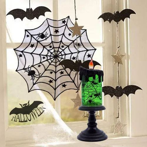 Miniatura 3 de Vela sin llama de Halloween, globo de nieve, funciona con pilas con temporizador de 6 horas, calcomanía de araña de luz verde, lámpara de tornado