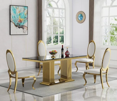 Miniatura 15 de Juego de mesa de comedor de mármol negro de lujo para 4, mesa de cocina dorada de 70 pulgadas y 4 sillas de cuero negro, juego de 5 mesas de comedor