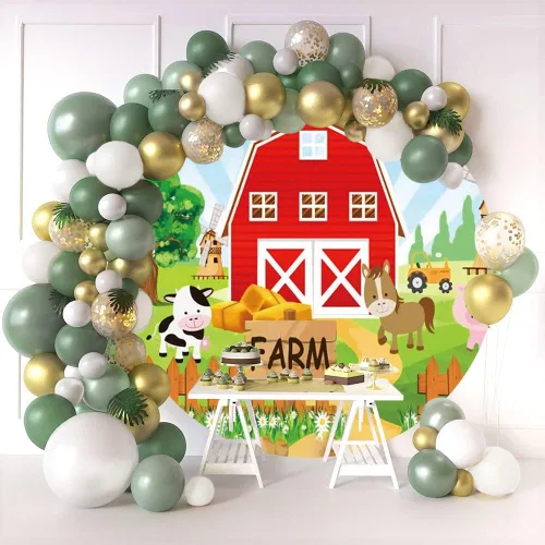 Miniatura 2 de Fondo redondo de dibujos animados de animales de granja de 3 x 3 pies, fondo redondo para fotografía de granero rojo para niños, baby shower