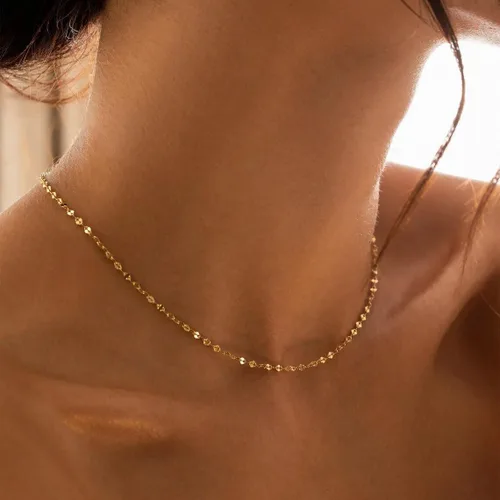 Miniatura 2 de Delicado collar de cadena para mujer, chapado en oro de 18 quilates, gargantilla de disco de moneda, collar simple de cadena trenzada con cuentas
