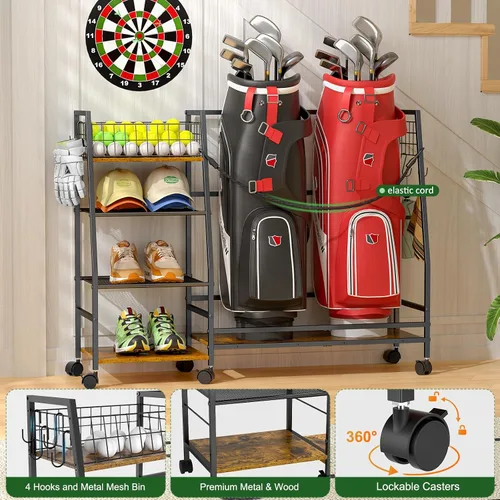 Miniatura 4 de DAOUTIME Estante de almacenamiento para bolsas de golf para garaje con ruedas, organizador para bolsa de golf y accesorios de equipo, soporte