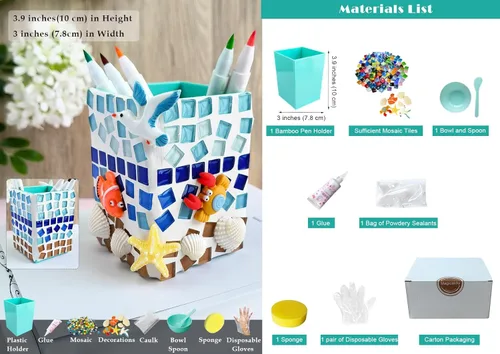 Miniatura 5 de Soporte para bolígrafo de mosaico DIY, soporte para bolígrafo de bricolaje con temática oceánica, azulejos de mosaico de vidrio, conchas