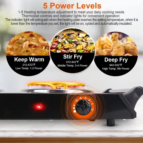 Miniatura 4 de TeqHome Placa caliente, estufa eléctrica portátil de 2000 W para cocinar con asas que se mantienen frescas y 5 niveles de temperatura ajustable