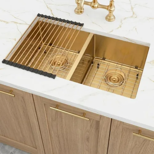 Miniatura 14 de LQS Fregadero de cocina dorado de 32 x 18 pulgadas, fregaderos de cocina empotrados, fregaderos de acero inoxidable de doble tazón 50/50