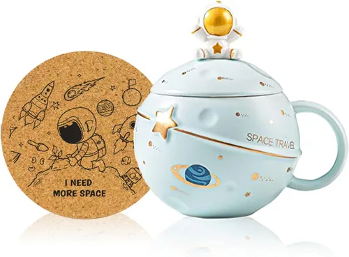 Yalucky Taza Kawaii de Astronauta Copa Espacial con Planeta en Relieve, Linda Taza de Café de Cerámica, Taza Novedosa con Tapa y Cuchara para Café,