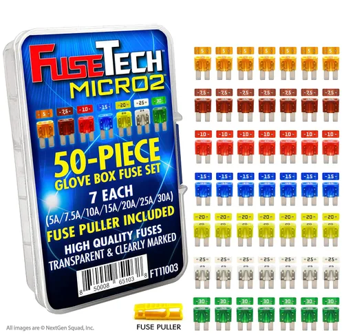Micro2 APT ATR - Juego de 50 piezas de fusibles para automóvil (49 fusibles de 2 cuchillas micro + extractor de fusibles) 5A 7.5A 10A 15A 20A 25A 30A