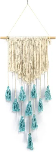 Tapiz de macramé para colgar en la pared, color azul aguamarina, desgastado y elegante, bohemio, tejido con bordes, decoración de pared para