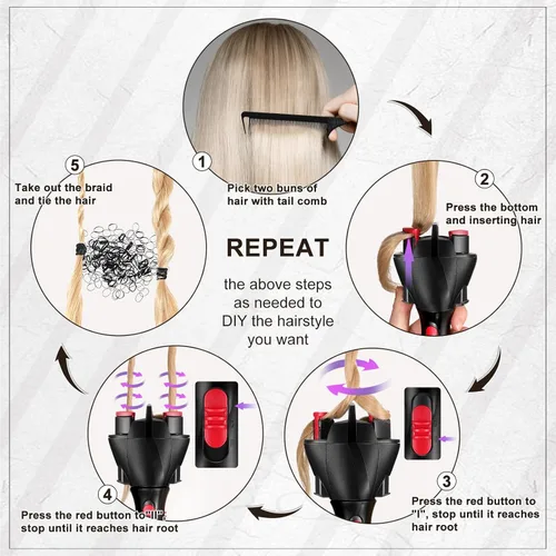 Miniatura 4 de Trenzador automático de cabello con 800 mini bandas de goma, peine de cola, máquina de trenzado electrónico, herramienta de peinado con rodillo