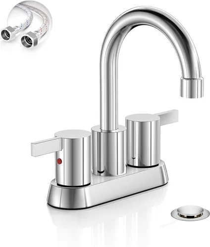 Phiestina Grifo de Baño de 4 Pulgadas Centerset 2 o 3 Agujeros 2 Manijas Cromado Sin Plomo, Caño Giratorio con Desagüe Emergente de Cobre y 2 Líneas
