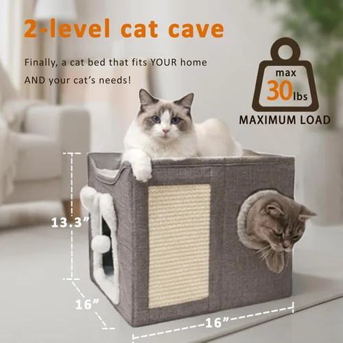 Miniatura 6 de Casas para gatos de interior, cueva de cama grande para gatos, caja de cubo para gatitos, condominio para gatos con almohadilla rascadora, bola