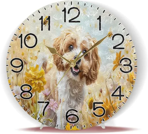 Miniatura 6 de ALAZA A Cockapoo - Reloj de pared con diseño de flores de perro, funciona con pilas, sin tictac, de cuarzo, analógico, rústico, rústico, reloj