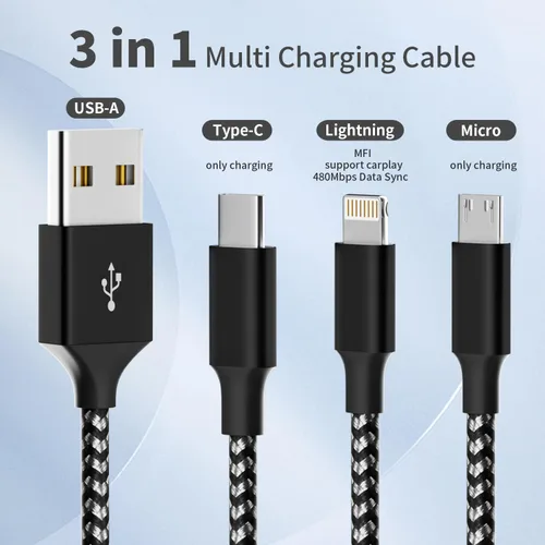 Miniatura 2 de Cable de carga múltiple (paquete de 2 cables de 4 pies) 3 en 1 para múltiples dispositivos, cable de carga universal trenzado de nailon para Negro
