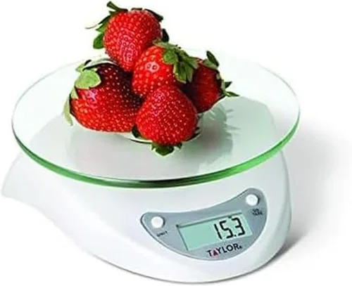 Taylor Báscula digital de cocina con plataforma de vidrio, botón de tara y cuerpo de plástico que pesa hasta 11 libras de capacidad, color blanco