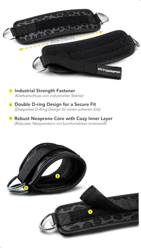 Miniatura 3 de Fitgriff® Correas de tobillo V1 para máquina de cable (2 piezas) - Equipo de entrenamiento para gimnasio - Accesorio de polea para piernas, correas