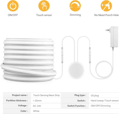 Miniatura 7 de Tira de luces LED COB de neón de 16.4 pies, 24 V, 1400 LED, sensor táctil de madera penetrable, impermeable, blanco, regulable, tira de luz de neón
