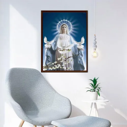 Miniatura 3 de UPABLUNSO Juego de pintura de diamantes de paloma virgen maría y paloma por números 5D completo redondo para decoración de pared del hogar