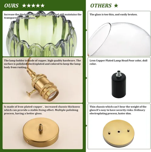 Miniatura 7 de Shenmoyl Lámpara colgante con pantalla de cristal de tulipán verde, lámpara colgante vintage de latón, luz colgante ajustable para cocina, isla