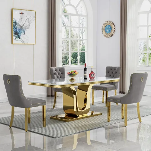 Miniatura 35 de Juego de mesa de comedor de mármol de lujo de 70 pulgadas para 4, juegos de mesa de cocina blanco y dorado para 4, mesa de comedor moderna de mármol