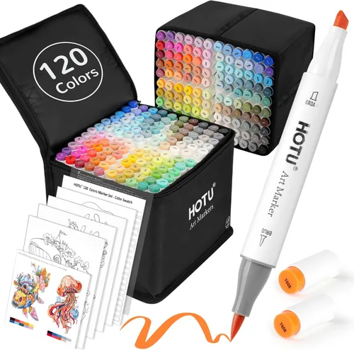 HOTU Marcadores de alcohol de 120 colores, bolígrafos de boceto de doble punta (pincel y cincel), juego de marcadores de arte profesionales para