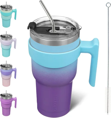 Miniatura 20 de BJPKPK Vaso con asa de acero inoxidable de 20 onzas, con aislamiento de doble pared, con tapa y pajita, color rosa claro A-rosa claro
