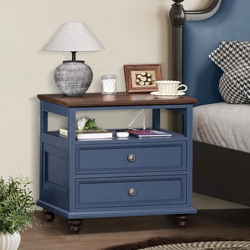 Miniatura 8 de Joaxswe Mesita de noche de estilo granja con estación de carga, mesa auxiliar de 61 cm de ancho con 2 cajones, cómoda azul para dormitorio, cómoda