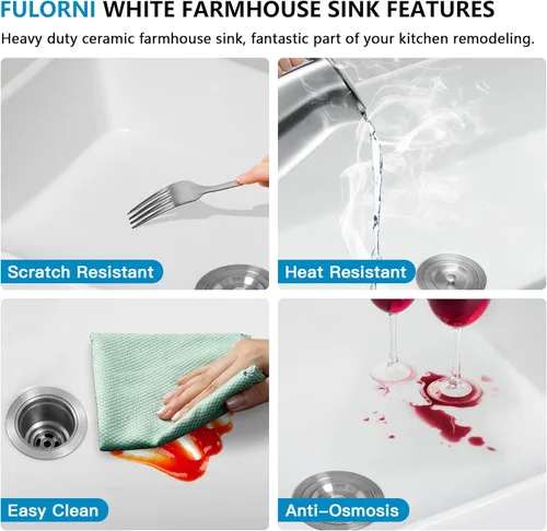 Miniatura 7 de Fregadero de cocina blanco de 32 x 19 pulgadas, cuenco doble de arcilla refractaria de porcelana de cerámica blanca, doble montaje 50/50, montaje