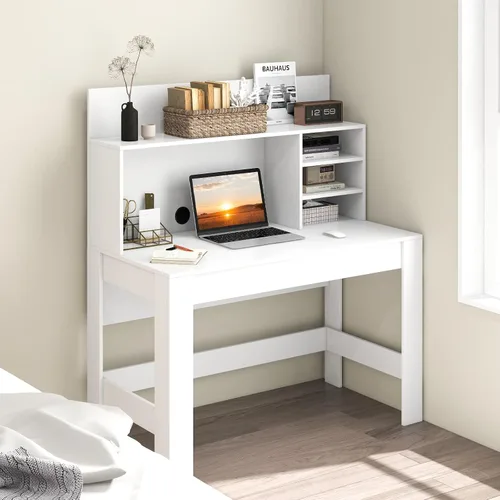 Miniatura 4 de Tangkula Escritorio blanco con gabinete, escritorio de oficina en casa con estantería, escritorio de estudio de escritura con dispositivo anti-caída