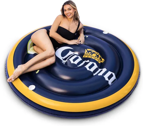 Corona Lime - Flotador redondo para piscina, flotador de isla con 2 portavasos, tamaño para 2 adultos