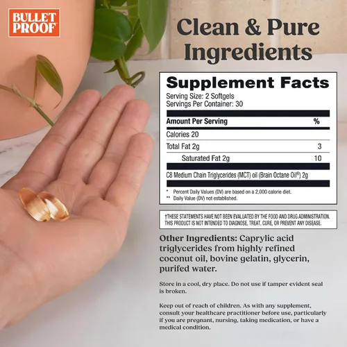 Miniatura 2 de Bulletproof Cápsulas blandas de octano cerebral, 60 unidades, aceite puro C8 MCT para energía sostenida