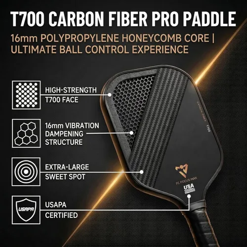 Miniatura 3 de T700 Carbon Fiber Pickleball Paddle, Pickleball Set 16mm Pickle Ball Rackets with CMS Matte Surface Lightweight Honeycomb Core & Durable Edge Frame