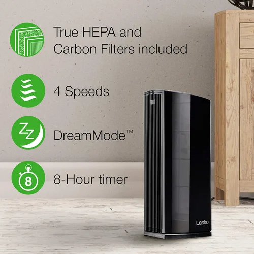 Miniatura 4 de Lasko LP450 - Purificador de aire de torre HEPA prémium para el hogar con DreamMode y temporizador: la filtración HEPA verdadera elimina el 99.97%