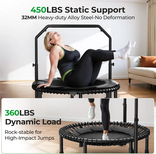 Miniatura 4 de BCAN BT2 - Mini trampolín de rebote de 450/550 libras para adultos con barra, trampolín de fitness con cuerdas elásticas, mango ajustable, estable