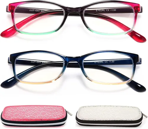 Miniatura 8 de EYEURL Gafas de lectura para mujer, con bloqueo de luz azul, juego de 2 patrones con diseño de valor para lectura (púrpura/rojo, 1.5)