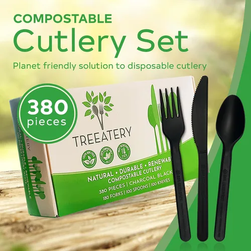 Miniatura 2 de Juego de cubiertos compostables, utensilios compostables a base de plantas, cubiertos compostables aptos para lavavajillas, cubiertos desechables