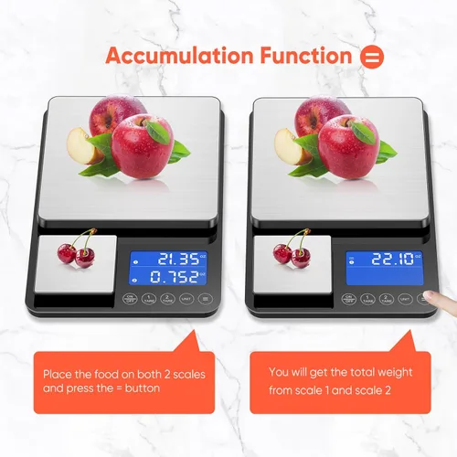 Miniatura 4 de KUAIVO Báscula de cocina de doble plataforma de 0.001 onzas / 33 libras, báscula digital de alimentos con dos superficies de precisión, pantalla