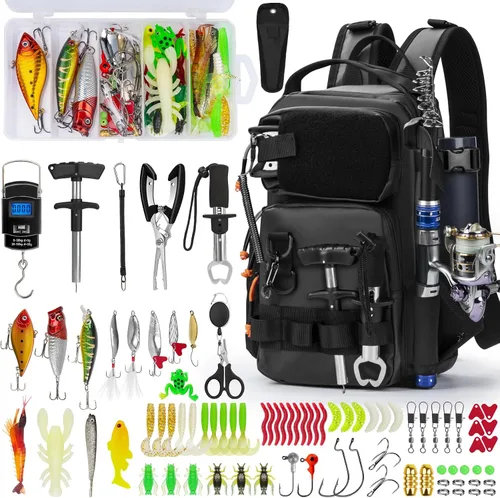 THKFISH Mochila de Pesca con Soporte para Caña, Kit de Herramientas de Pesca, Bolsa Resistente al Agua con Kit de Señuelos de Pesca, Caja de